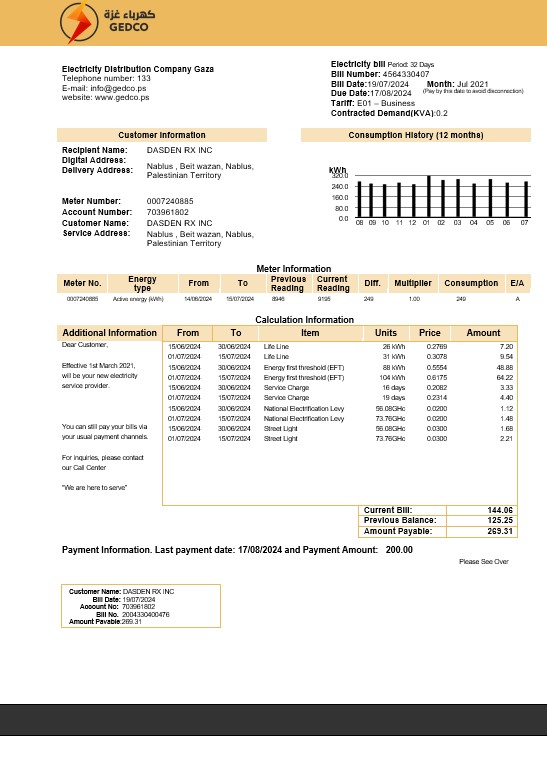 Palestine Electricity Distribution Company Gaza (GEDCO) business utility bill template in Word and PDF formats